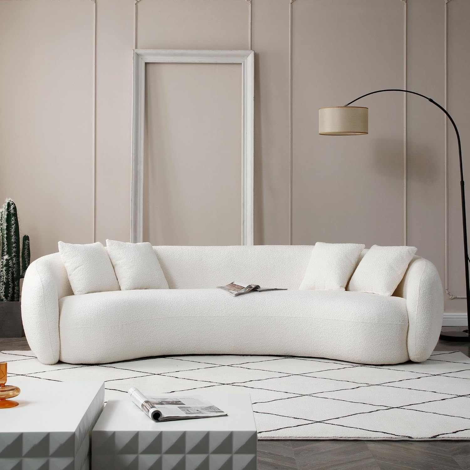 Sofá curvo moderno de 102.36 pulgadas, sofá minimalista de 5 asientos con marco de madera maciza y espuma de alta densidad, comodidad similar a una nube, sin montaje, sofá curvado de lujo