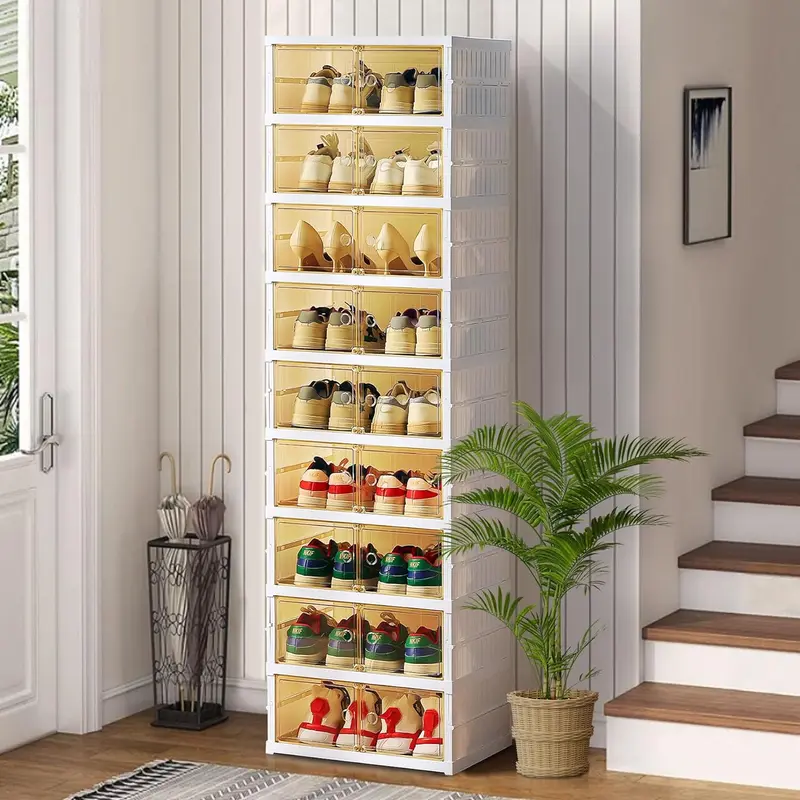 🥿9-Tier Foldable Plastic Shoe Rack Organizer - Multilayer Display, Closet Storage System Solution for 18 Pairs, Collapsible Stackable Design, Magnetic, Easy Installation, Fold for Tiny Spaces, Compact Home Storage