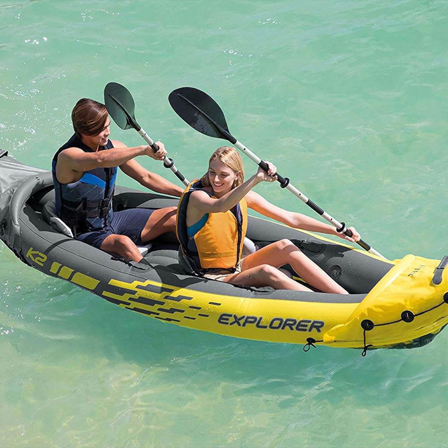 Intex 68307EP Explorer K2 Inflatable Kayak Set: Includes Deluxe 86in Aluminum Oars and High-Output Pump – SuperStrong PVC – Adjustable Seats with Backrest – 2-Person – 400lb Weight Capacity