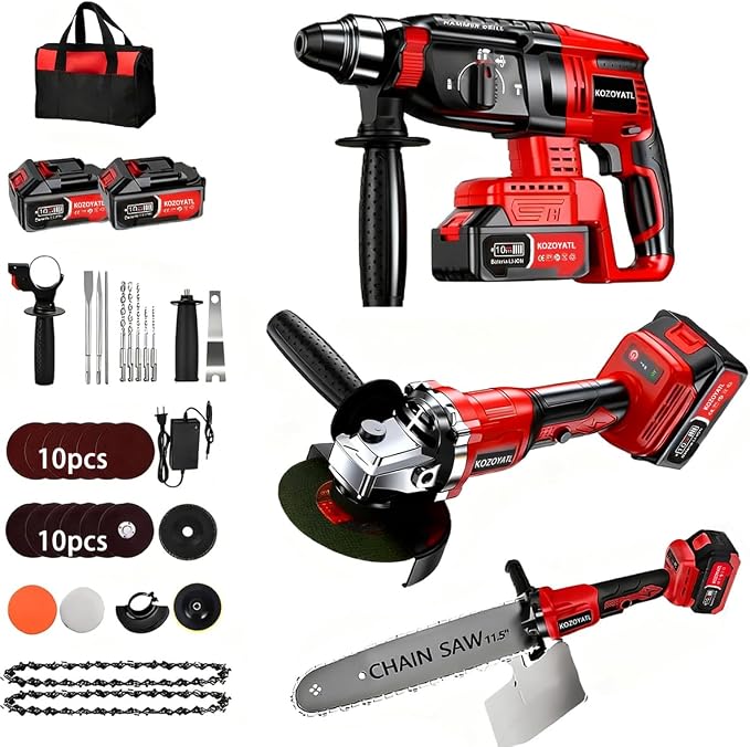 Kit de Herramientas Inalámbricas 4 en 1 Taladro, Rotomartillo, Esmeriladora, Pistola de Impacto Incluye 2 Baterías y Accesorios