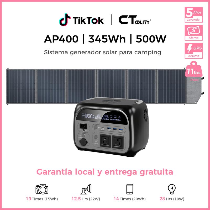 CTOLITY AP400 Generador Solar Portátil 346Wh 500W Batería LiFePO4 150W Carga Rápida Inalámbrica 4000+ Ciclos UPS Instantáneo para Cortes de Luz Emergencias Respaldo de Energía Camping Viajes Hogar Exterior Generador Eléctrico Portátil Batería de Respaldo