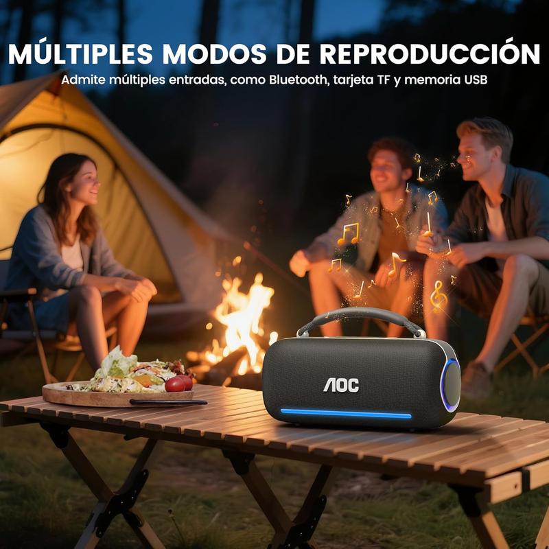 AOC ACS6311 Bocina Bluetooth Portatil 80W, Varias Luces RGB, Bluetooth 5.3 Altavoz Inalámbrico, Sonido Estéreo HD, 4000Mah Tiempo de Espera Ultralargo IPX5 función, Ideal para Viajar, Campear, Negro