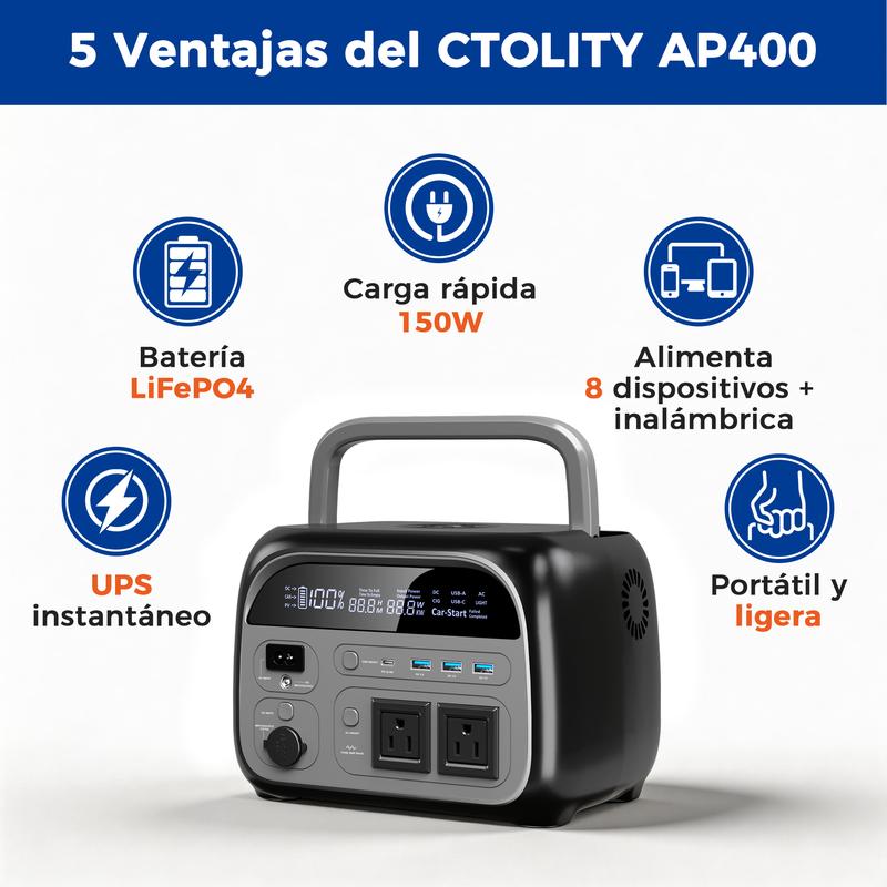 CTOLITY AP400 Generador Solar Portátil 346Wh 500W Batería LiFePO4 150W Carga Rápida Inalámbrica 4000+ Ciclos UPS Instantáneo para Cortes de Luz Emergencias Respaldo de Energía Camping Viajes Hogar Exterior Generador Eléctrico Portátil Batería de Respaldo