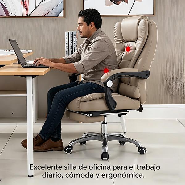 Silla De Escritorio Ergonómica Ajustable Reclinable para Oficina Ejecutiva con Soporte para Cuello y Espalda Color Khaki con Masaje Eléctrico y Ruedas 360°