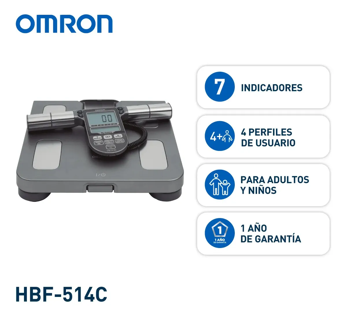OMRON Báscula Digital de Composición Corporal HBF-514C – Analiza Grasa, Músculo, IMC y Metabolismo, 4 Usuarios + Invitado y Memoria de Seguimiento