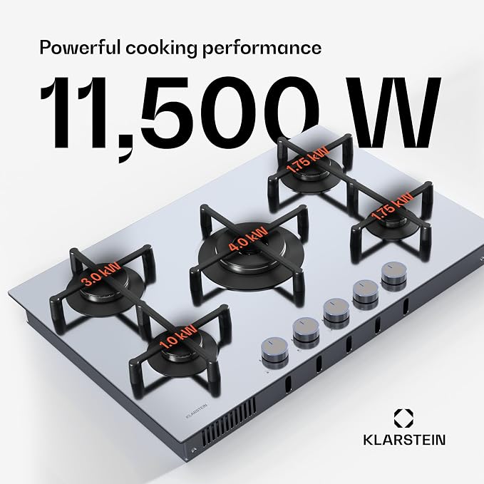 Placa de gas Klarstein Illuminosa 5: cocina de 5 fuegos, quemador para wok de 4 kW, encendido eléctrico, sistema de seguridad por corte de llama, soportes de hierro fundido, acero inoxidable, cocción eficiente y ecológica.