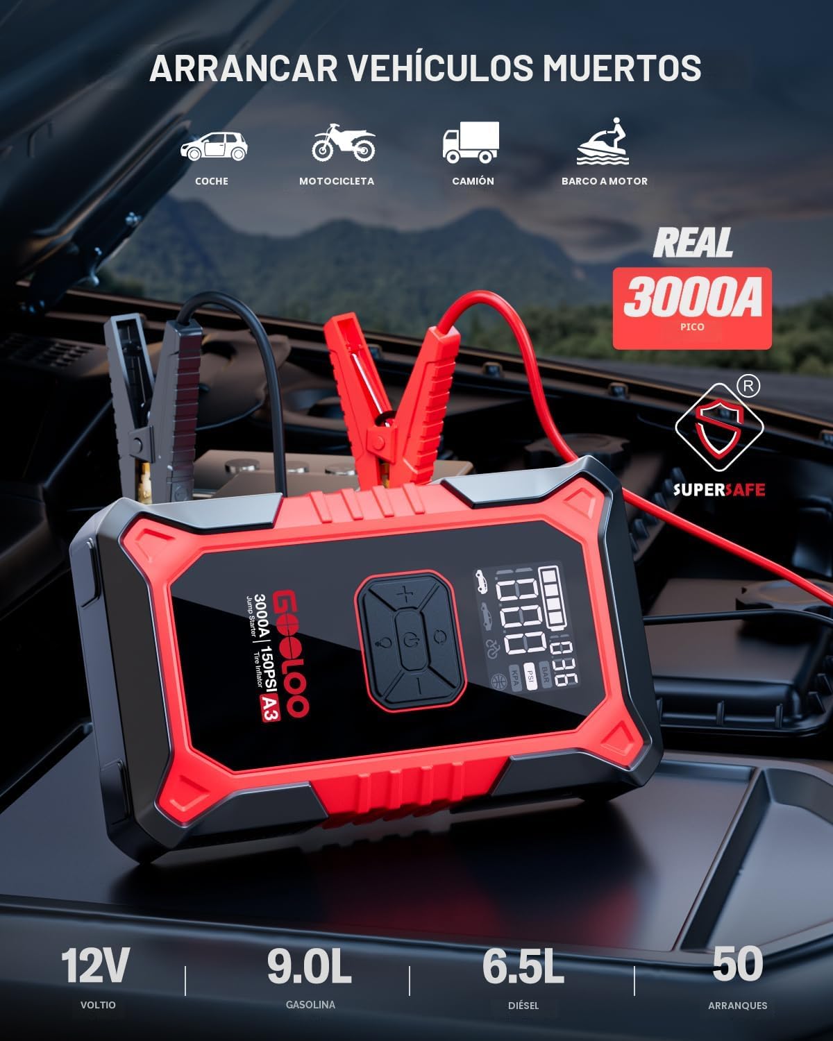 Arrancador portátil GOOLOO A3 de 12 V y 3000 A con compresor de aire