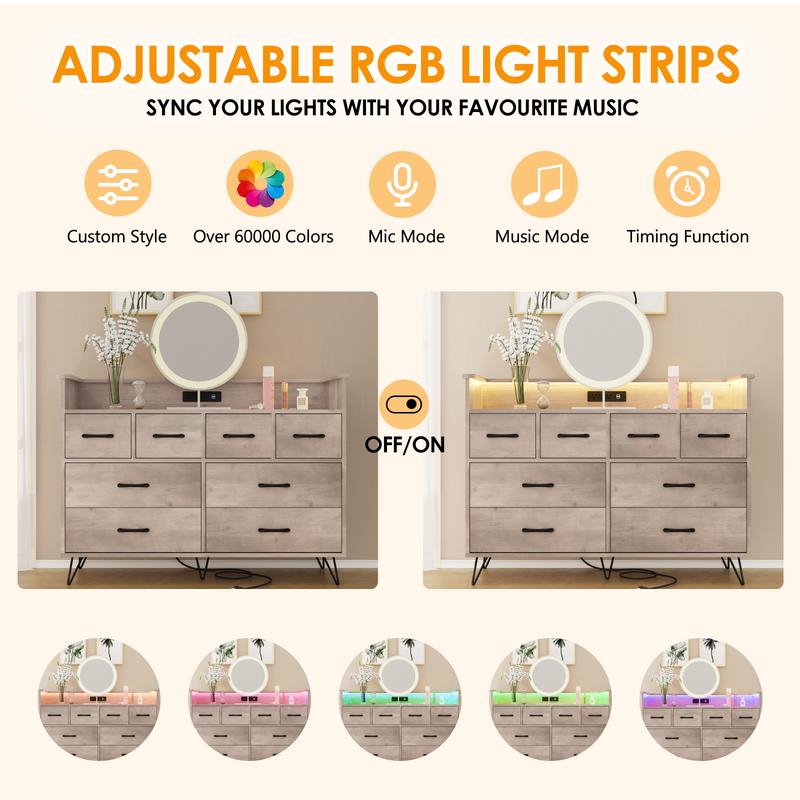 Amplio almacenaje y carga eficiente - Mueble recibidor con 8 cajones grandes y estación de carga - Luz LED RGB con control remoto - Madera resistente para dormitorio, salón o entrada - Color negro