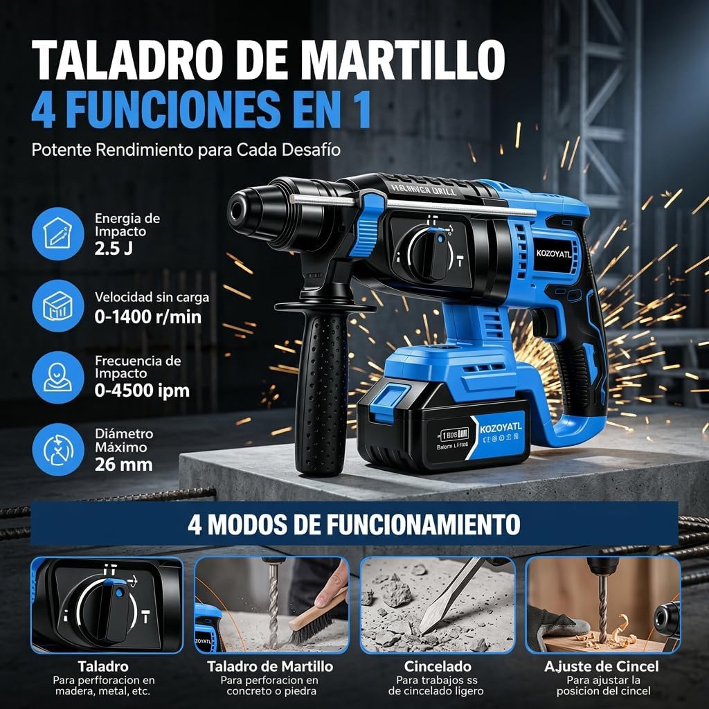 Kit de Herramientas Inalámbricas 4 en 1 Taladro, Rotomartillo, Esmeriladora, Pistola de Impacto Incluye 2 Baterías y Accesorios