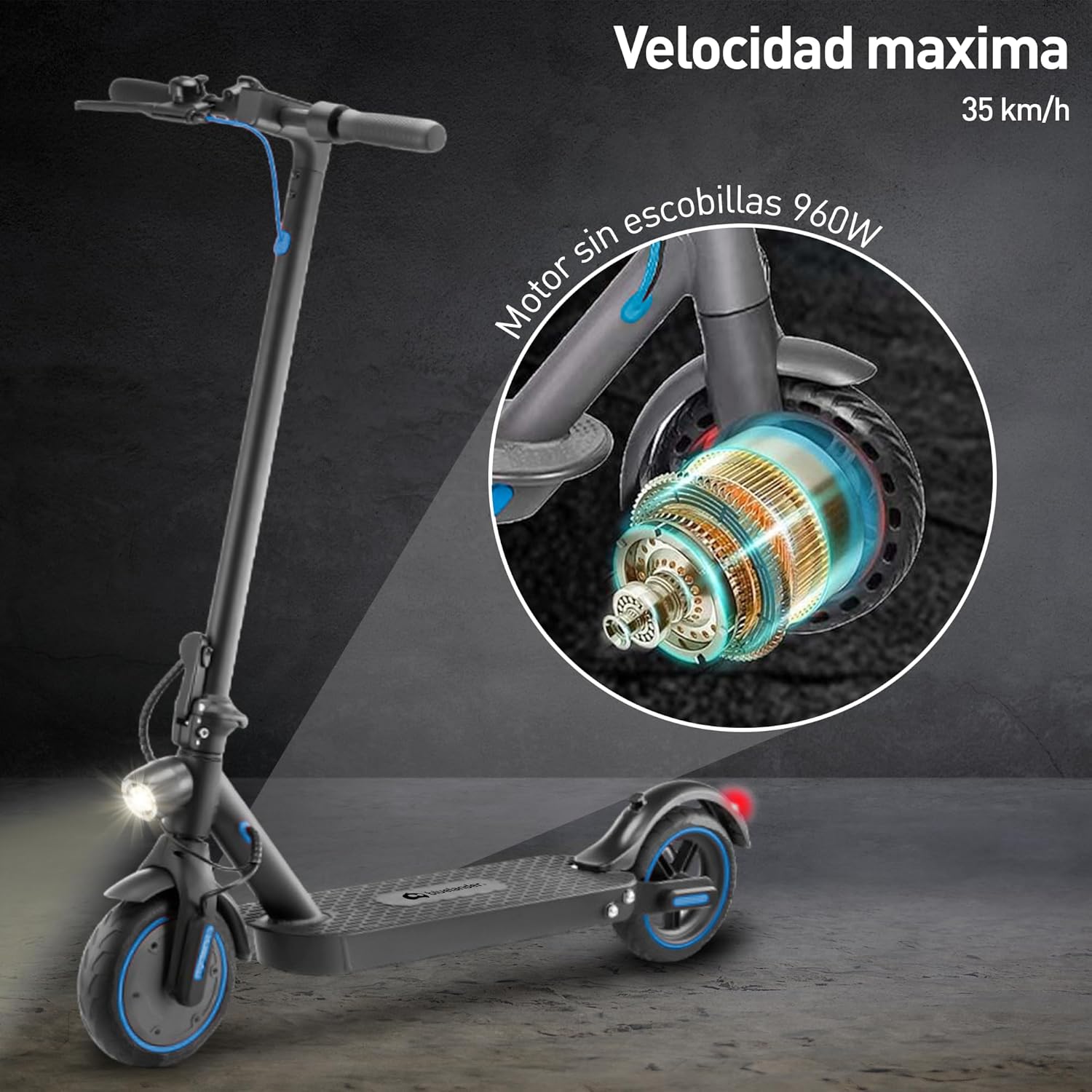 Bluelander Scooter E9 MAX Eléctrico Plegable para Adultos, Velocidad 35 km/h, Autonomía 40-45 km, Motor Sin Escobillas 960W, Scooter Adulto, Control por App Bluetooth, Scooter