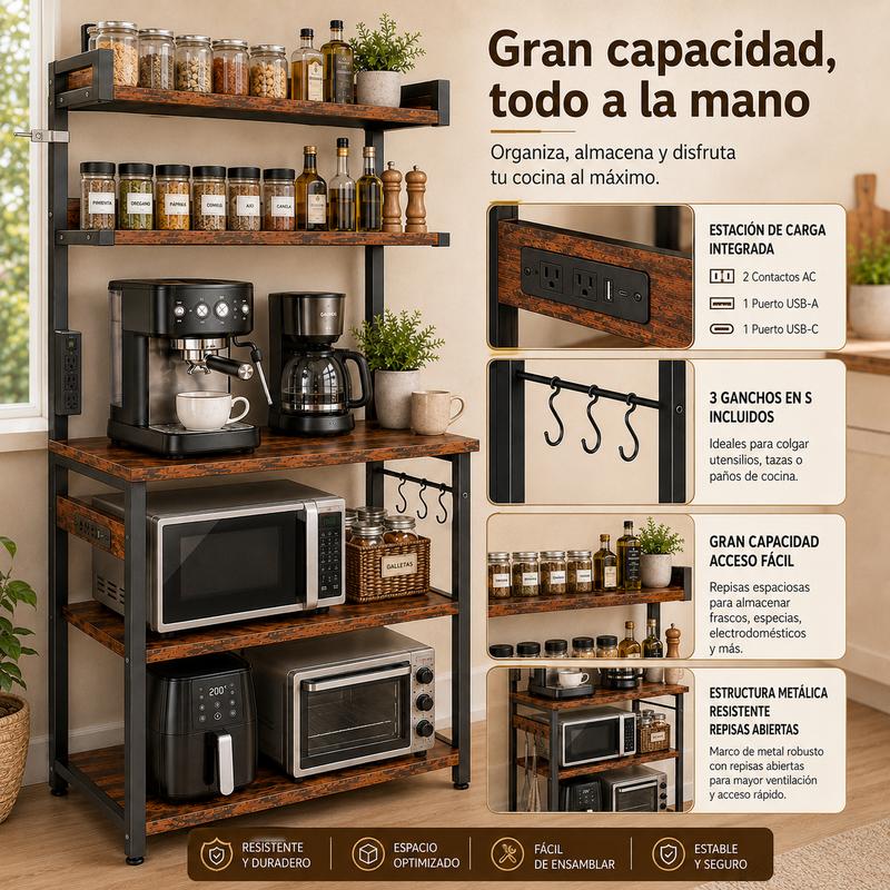 Estante Organizador Para Cocina De 5 Niveles Con Enchufes Estante De Microondas, Mueble para Microondas , Estante Para Cocina De 5 Niveles, Organizador de Cocina Con Enchufes , Mueble Multiusos de Cocina con 3 Ganchos