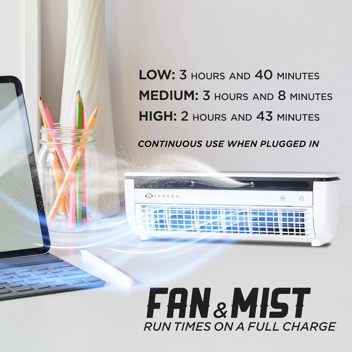 IceBox Ventilador de niebla de enfriamiento, cable USB-C, tanque de 8.8 oz/8.8 fl oz, IBCF200W | Small Portable Fan with Evaporative Humidifier, For Desk or Wall Mount, 3 Speeds, Battery or USB-C Operation, Remote