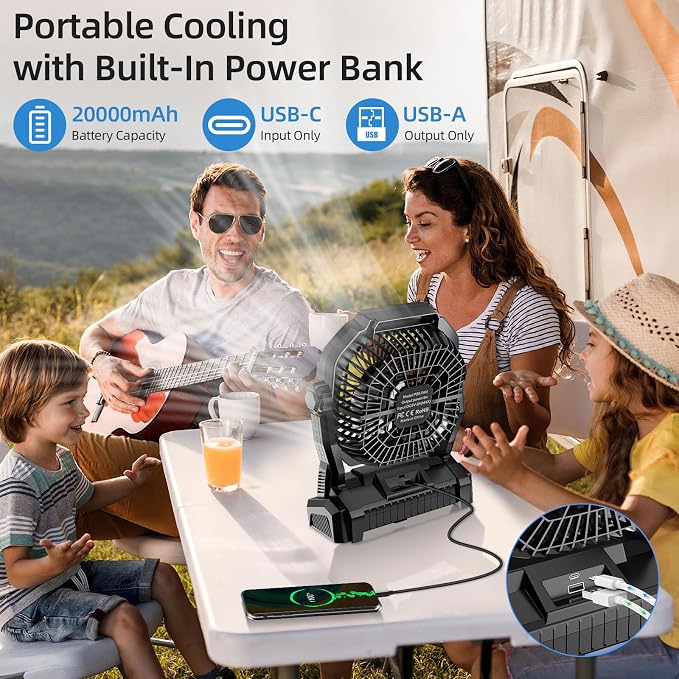 Ventilador recargable para camping, portátil y alimentado por batería de 20.000 mAh, con luz LED y gancho; cuenta con 4 velocidades y cabezal ajustable 270°. Ideal para tiendas de campaña, viajes, coche, uso en interiores y exteriores, barbacoas, pesca y 