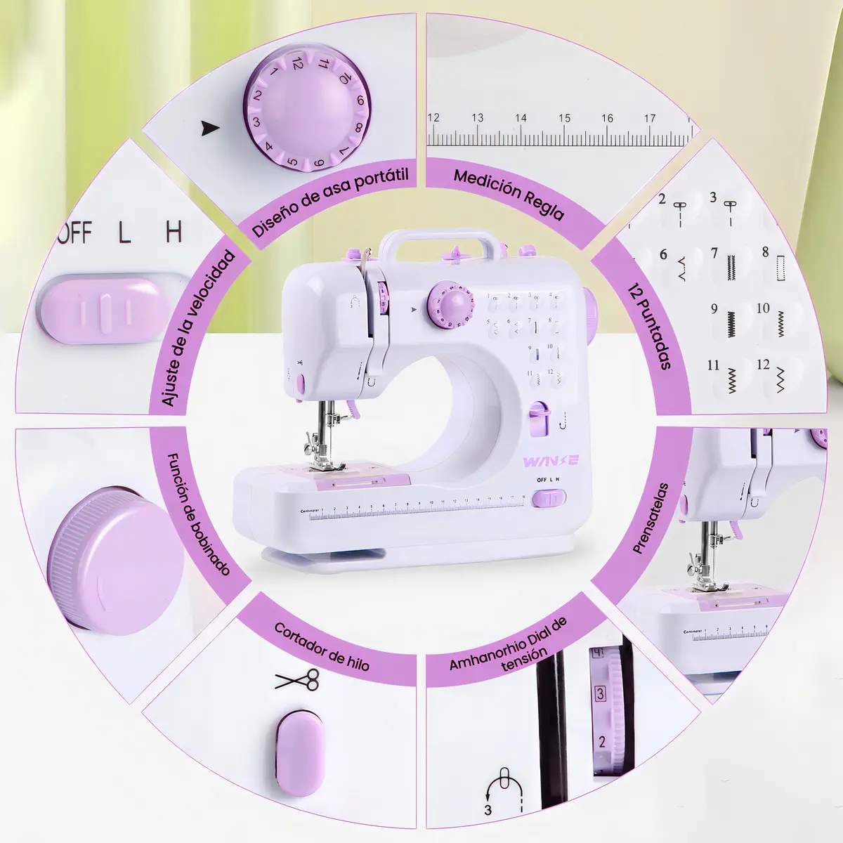 Máquina De Coser Eléctrica Portátil Mini Doméstica Multifuncional De 12 Agujas Kit Costura Y Pedal Luz Led Con Mesa De Expansión Wanse