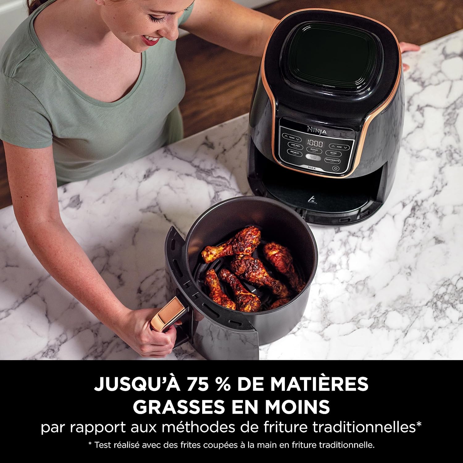 Freidora de aire NINJA MAX, 5,2 L, 5 en 1, antiadherente, sin aceite (freír, asar, hornear, recalentar, deshidratar), tamaño familiar, cesta apta para lavavajillas, color cobre/negro, exclusiva de Amazon AF150EUCP