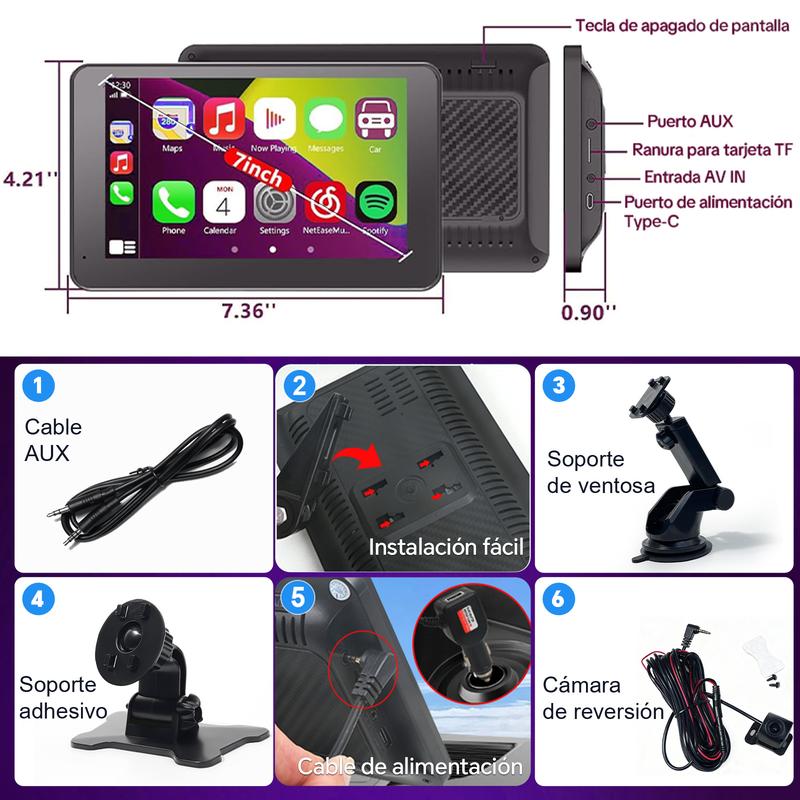 【HiEHA】2026 La pantalla portátil más nueva de CarPlay para automóvil, pantalla táctil IPS de 7 pulgadas, Compatible con CarPlay y Android Auto,  Cámara de Respaldo, estéreo para automóvil, soporte para GPS, Bluetooth, FM, WiFi