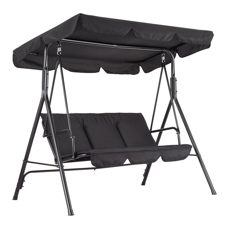 Columpio de jardín para 3 personas – Estructura de acero resistente – Cojines gruesos – Dosel ajustable – Ideal para patio, terraza, porche o piscina – Negro