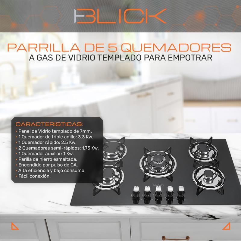 Parrilla A Gas 5 Quemadores De Vidrio Templado Gas Lp Empotrable Encendido Por Pulso