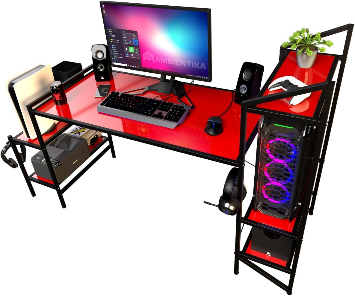 Ambientika Desk-Top Modelo J Escritorio Gamer Moderno para PC Computadora/Estacion de Trabajo y Juegos / 5 Repisas (-Rojo)