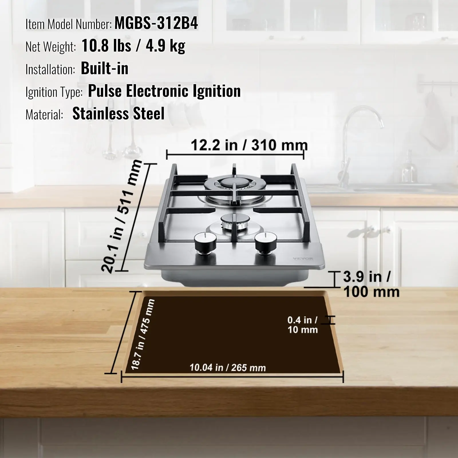 🔥 Placa de cocción de gas de 30 pulgadas con 5 quemadores integrados, con una potencia de hasta 12.250 BTU, compatible con gas natural y GLP.