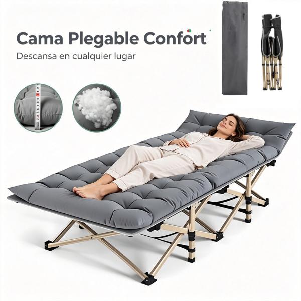 Cama Plegable Confort 180 x 67 x 30 cm para Adultos con Estructura de Acero Anti-Oxidante y Colchón Gris Cómodo Resistente al Agua y Fácil de Limpiar Material Premium Oxford 1200D