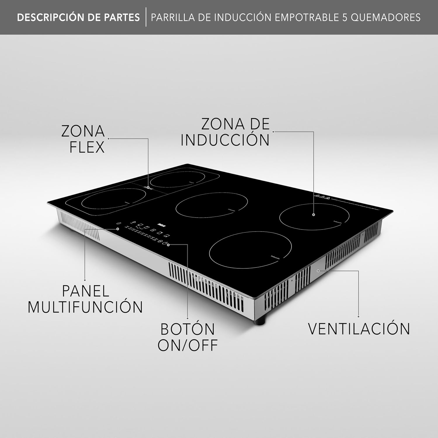 RCA Parrilla de Inducción Empotrable RC-12A15 de 5 Quemadores Vidrio Templado, Control Táctil, Temporizador 9 Niveles, Temperatura Zona Flex, Seguridad con Bloqueo Touch, Sistema Antiderrapante.