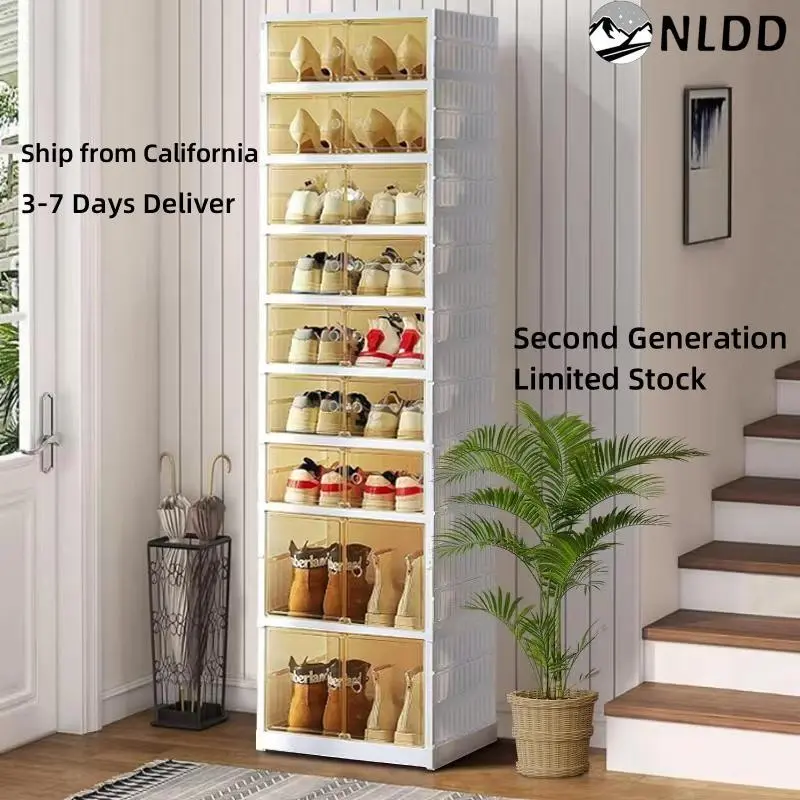 🥿9-Tier Foldable Plastic Shoe Rack Organizer - Multilayer Display, Closet Storage System Solution for 18 Pairs, Collapsible Stackable Design, Magnetic, Easy Installation, Fold for Tiny Spaces, Compact Home Storage