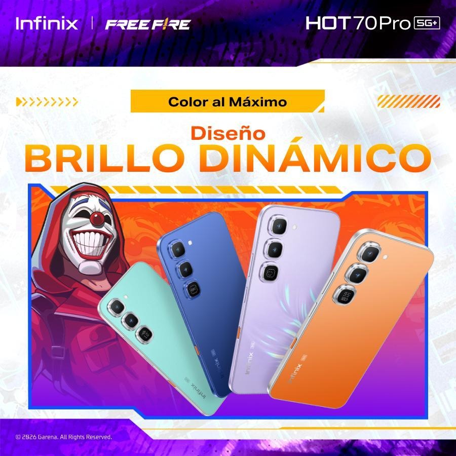 Infinix HOT 70 Pro 5G Edición Free Fire TikTok Exclusiva | 8GB+256GB | Incluye Caja de Regalo | MediaTek Dimensity 7100, AMOLED, 45W, NFC | Negro