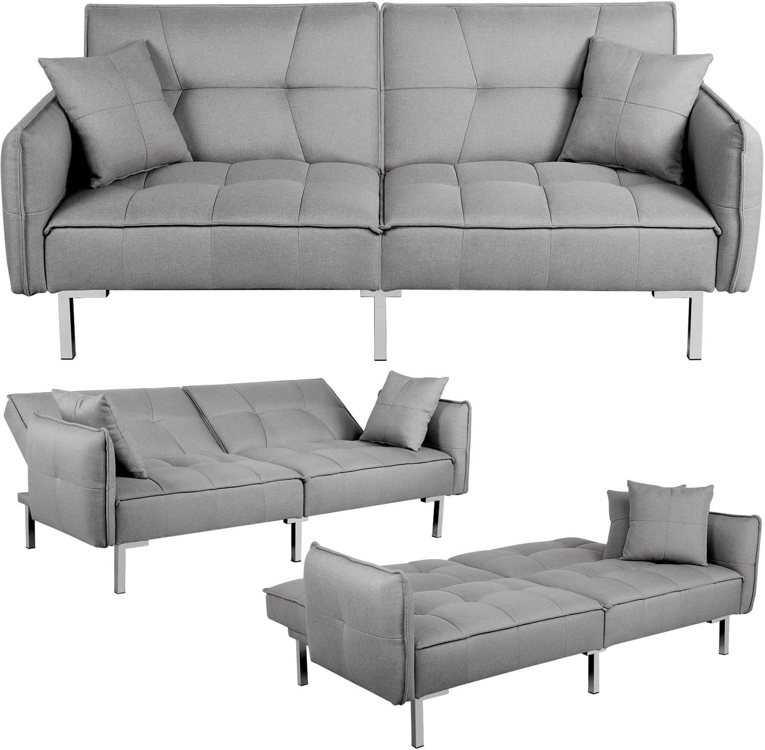 Yaheetech Sofá cama convertible moderno futón sofás, cama plegable y abajo, tela de lino reclinable para sala de estar, color gris