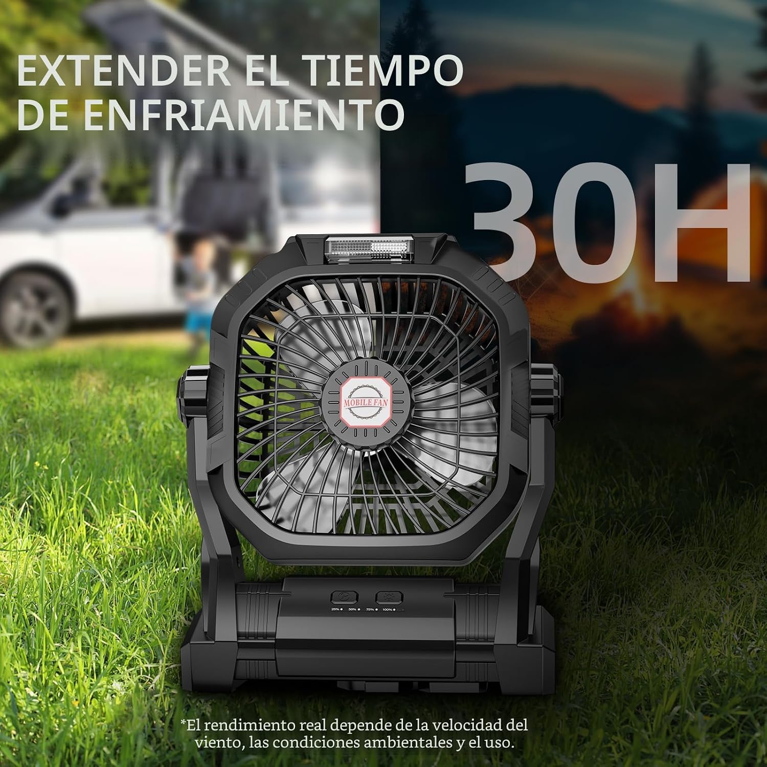 Ventilador recargable para camping, portátil y alimentado por batería de 20.000 mAh, con luz LED y gancho; cuenta con 4 velocidades y cabezal ajustable 270°. Ideal para tiendas de campaña, viajes, coche, uso en interiores y exteriores, barbacoas, pesca y 