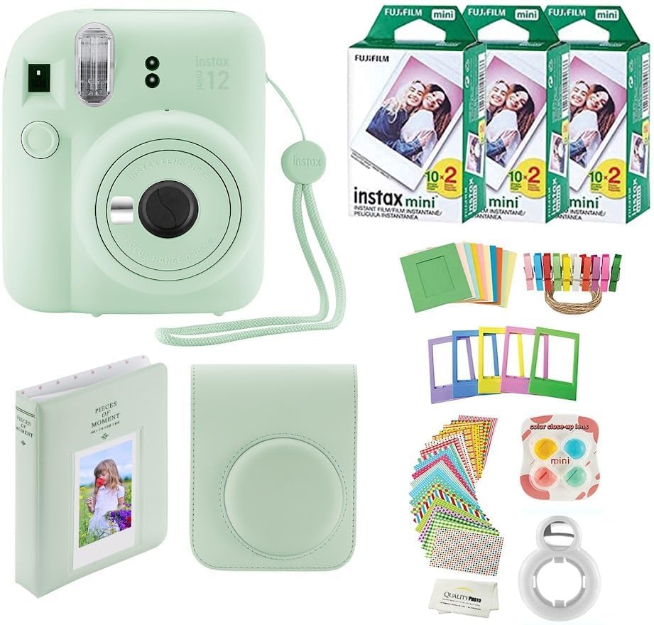 Fujifilm Instax Mini 12 cámara instantánea + 60 impresiones fotográficas + paquete de calidad para fotos, estuche, pegatinas decorativas, marcos, álbum de fotos, verde menta