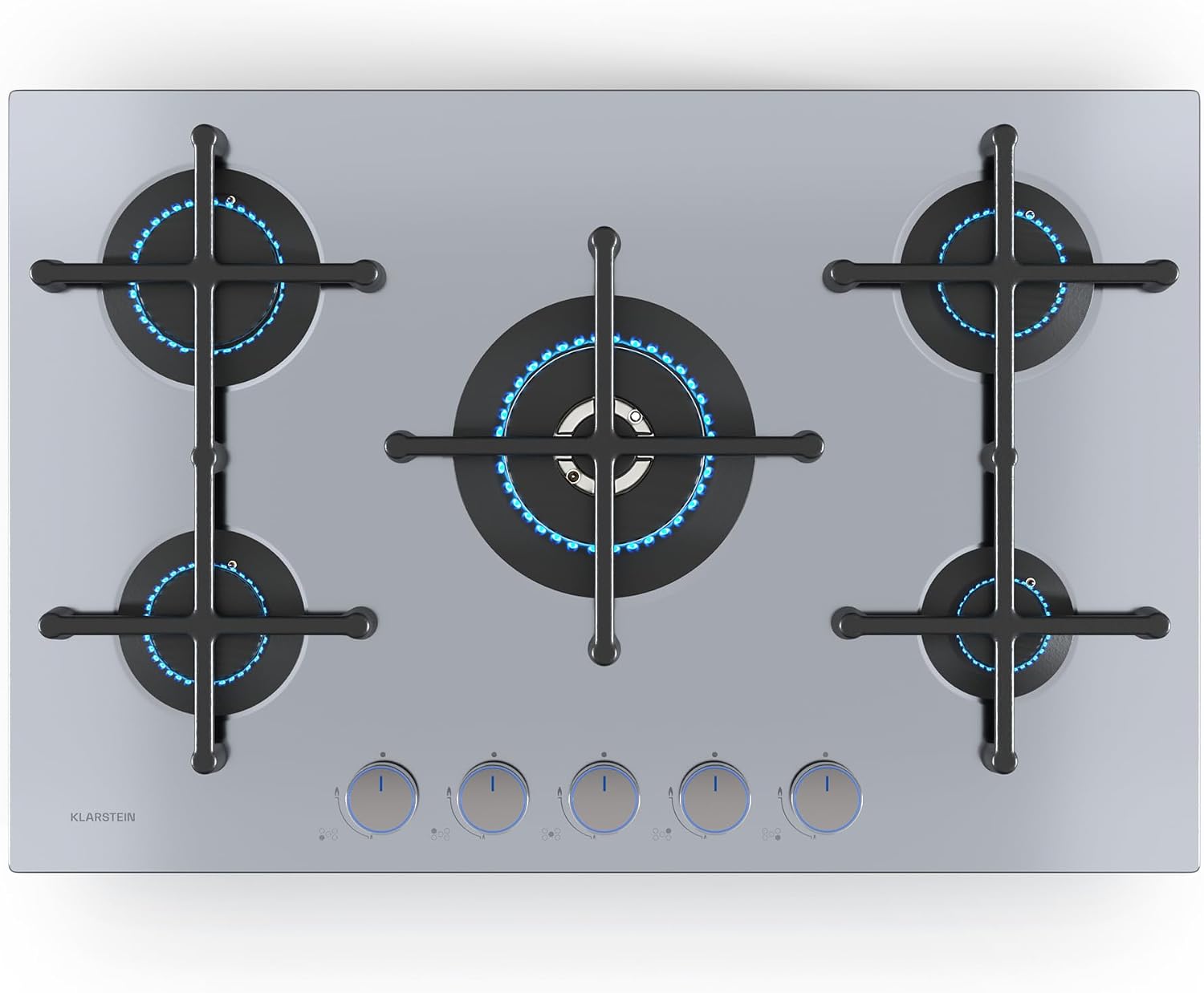 Placa de gas Klarstein Illuminosa 5: cocina de 5 fuegos, quemador para wok de 4 kW, encendido eléctrico, sistema de seguridad por corte de llama, soportes de hierro fundido, acero inoxidable, cocción eficiente y ecológica.