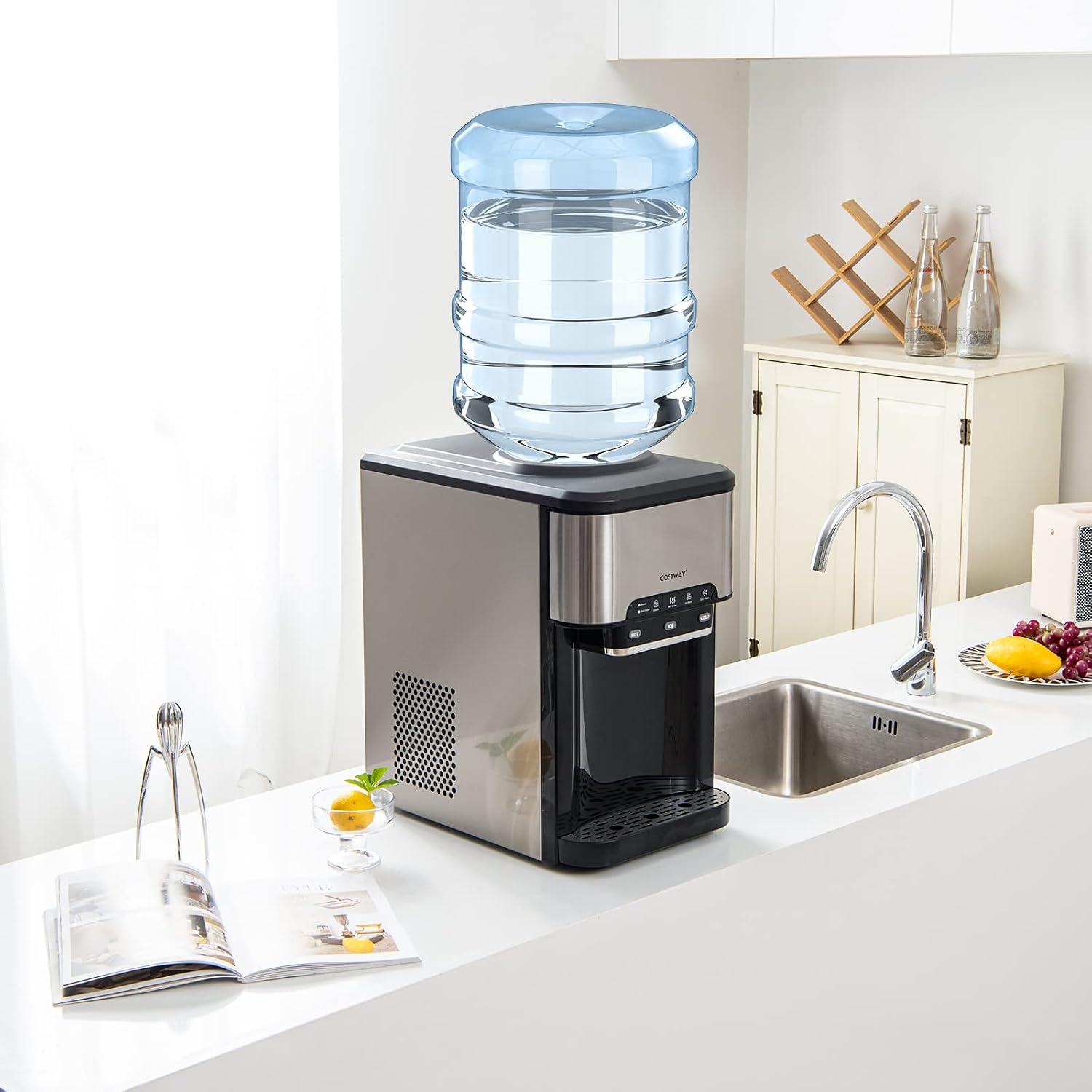 COSTWAY Dispensador de agua 3 en 1 con máquina de hielo, máquina enfriadora de agua caliente y fría de carga superior para el hogar, bloqueo de seguridad, capacidad para botella de 3 a 5 galones, 48 libras/24 horas, 12 cubitos de hielo, cesta de almacenam