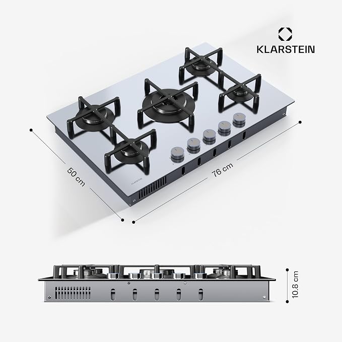Placa de gas Klarstein Illuminosa 5: cocina de 5 fuegos, quemador para wok de 4 kW, encendido eléctrico, sistema de seguridad por corte de llama, soportes de hierro fundido, acero inoxidable, cocción eficiente y ecológica.