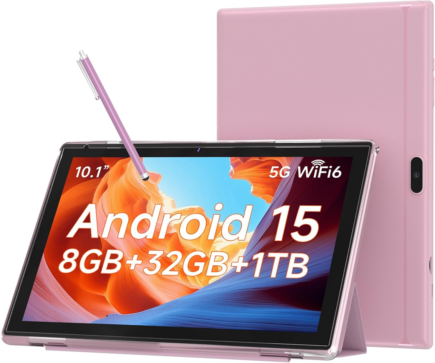 Tableta Android 15 WUIUHOU de 10,1 pulgadas, 8 GB de RAM, 32 GB de almacenamiento, pantalla HD IPS, WiFi 5G, batería de 6600 mAh, cámara dual para videollamadas, incluye funda y lápiz óptico para trabajar o estudiar (rosa).