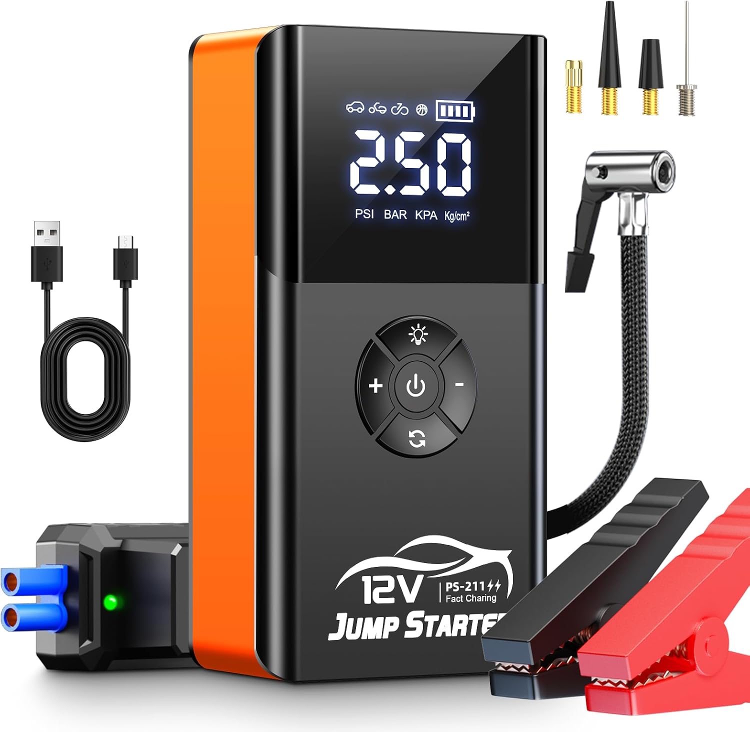 Arrancador de batería con compresor de aire, 8000 A y 180 PSI; arrancador portátil para baterías de coche (compatible con todos los motores de gasolina y diésel de hasta 12 L), cargador de 12 V con cables de arranque y luces LED de 4 modos.