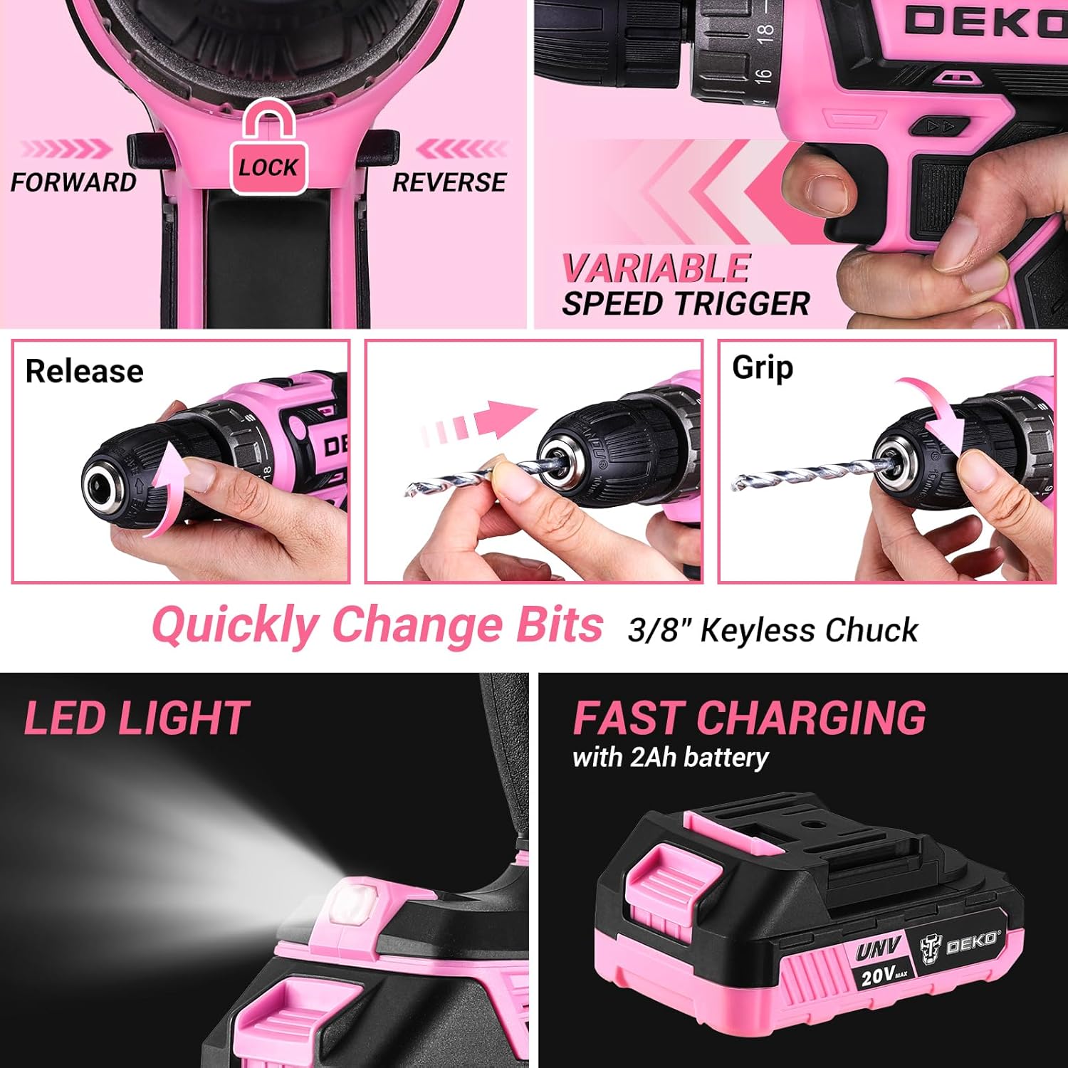 Juego de herramientas de taladro rosa: caja de herramientas de taladro eléctrico inalámbrico de 20 V con batería, taladro eléctrico para hombres, reparación de mano, caja de herramientas básicas