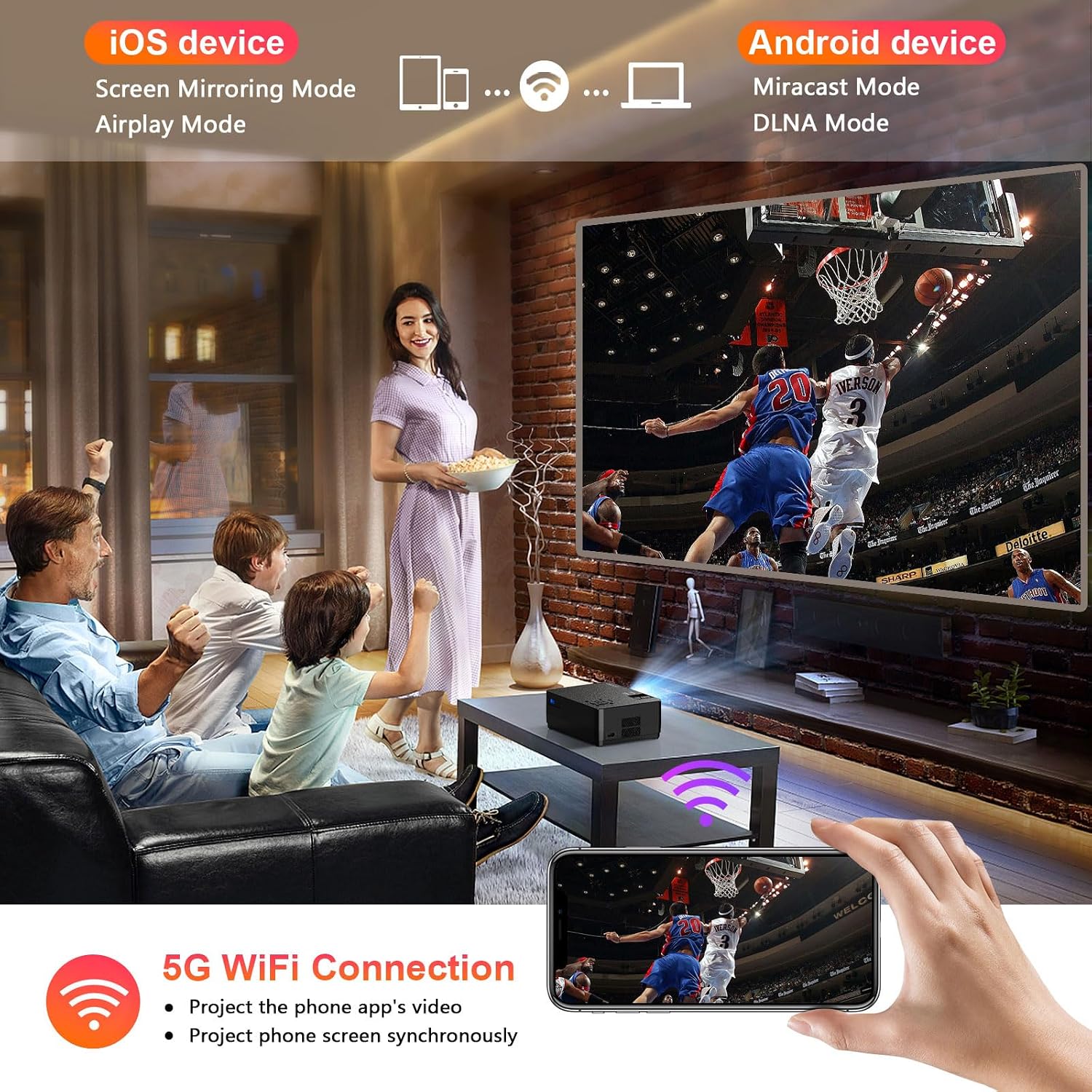 Proyector nativo 1080P con Wifi y Bluetooth, proyector de películas Full HD de 15000LM que incluye pantalla y bolsa de transporte, proyectores 4K compatibles con HDMI/USB/teléfono/portátil, para el hogar, dormitorio y exteriores.
