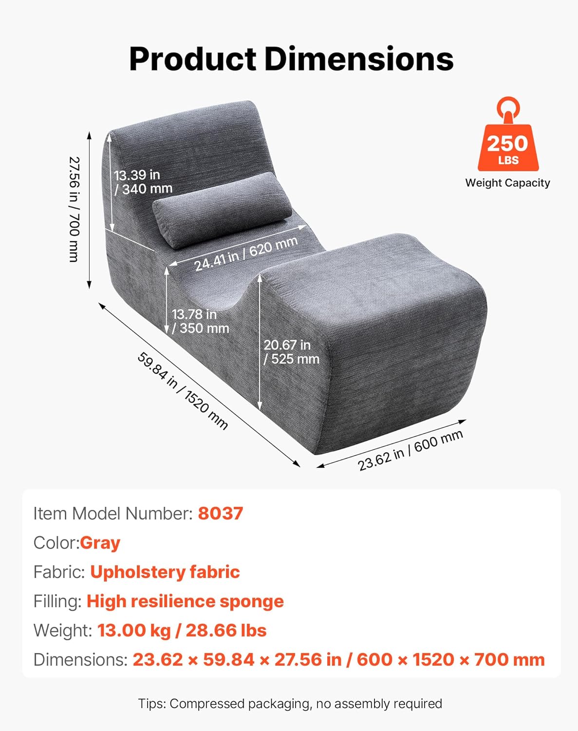 Silla tipo chaise longue VEVOR para yoga; silla ergonómica y moderna de espuma curvada (sin estructura rígida) para interiores; ideal para masajes, estiramientos, relajación y ejercicio; apta para sala de estar, dormitorio o balcón; color gris.