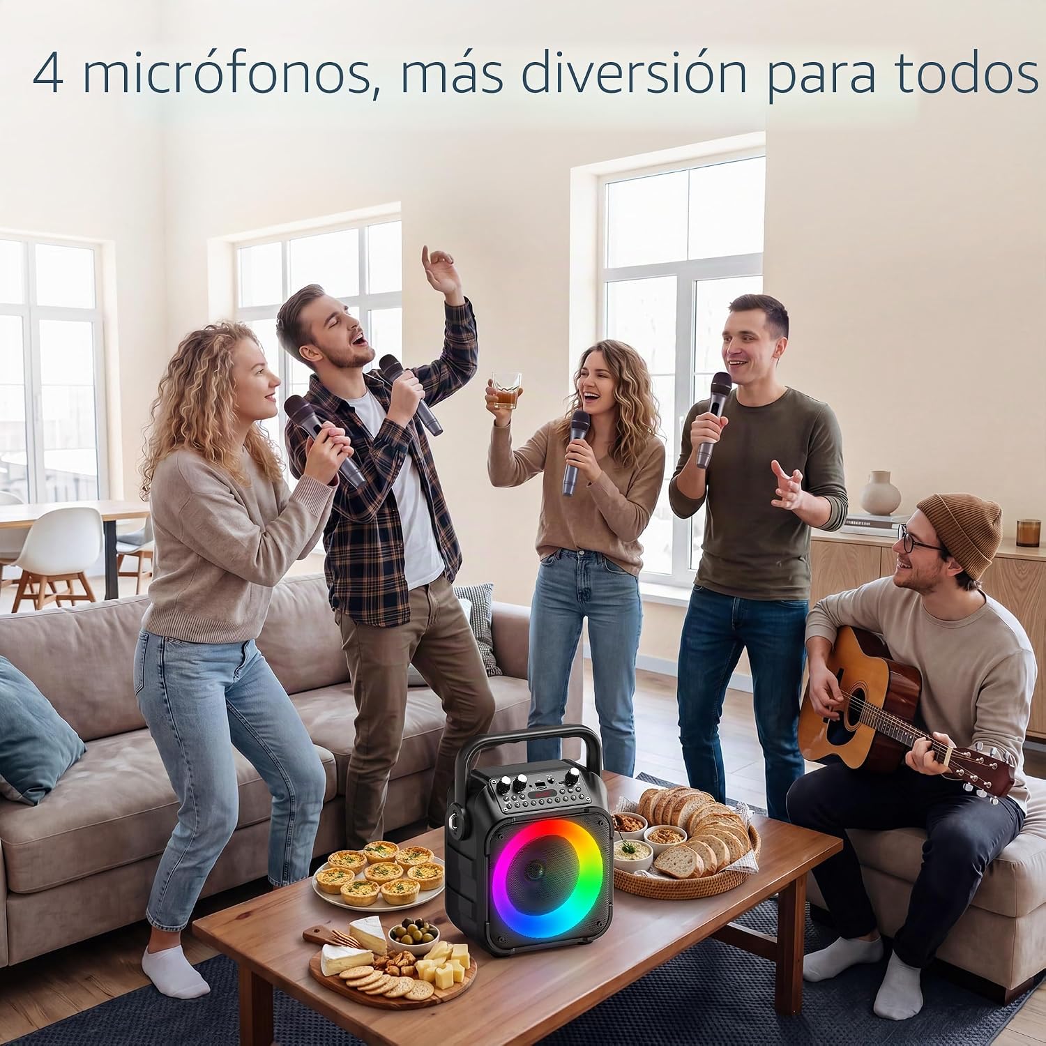 Máquina de karaoke, altavoz Bluetooth portátil con 2 micrófonos inalámbricos para adultos y niños con luces, micrófono de karaoke con sistema PA compatible con USB/TF/FM/AUX para paquetes de sistema