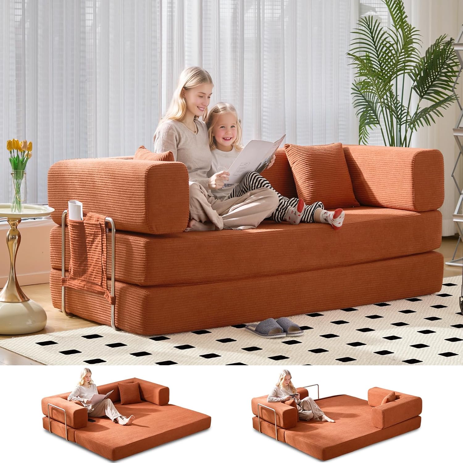 Sofá cama doble tapizado, plegable y convertible, ideal para espacios pequeños como apartamentos, residencias estudiantiles o salas de estar pequeñas. Puede utilizarse para relajarse, leer o tomar una siesta.