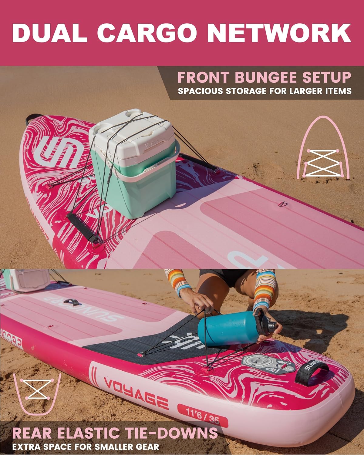 Tabla de paddle surf inflable Suncorp de 3,55 m x 89 cm, paquete de 2 (rosa y azul) – Tablas de paddle surf premium, capacidad de 204 kg, kit completo, mochila de 100 L y bomba de doble acción.