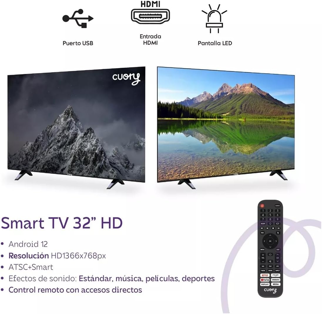 CUORY Smart TV Android Google TV Television Pantalla 32" Pulgadas Dled | Vive en | Full HD FHD | HDMI | Atmos Dolby | Modo de Juego Funciona con Asistente de Google | Bisel Delgado