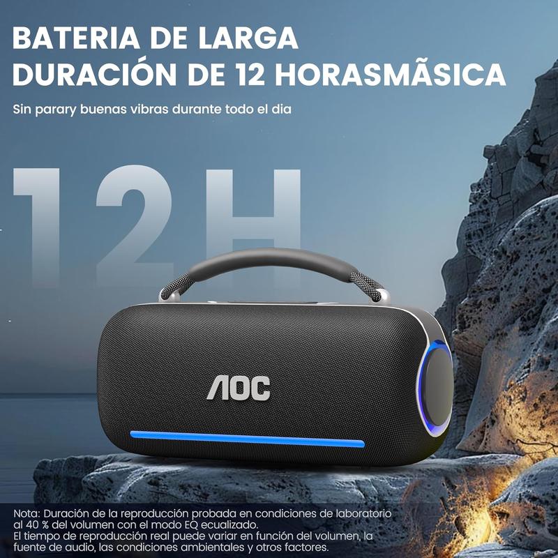 AOC ACS6311 Bocina Bluetooth Portatil 80W, Varias Luces RGB, Bluetooth 5.3 Altavoz Inalámbrico, Sonido Estéreo HD, 4000Mah Tiempo de Espera Ultralargo IPX5 función, Ideal para Viajar, Campear, Negro