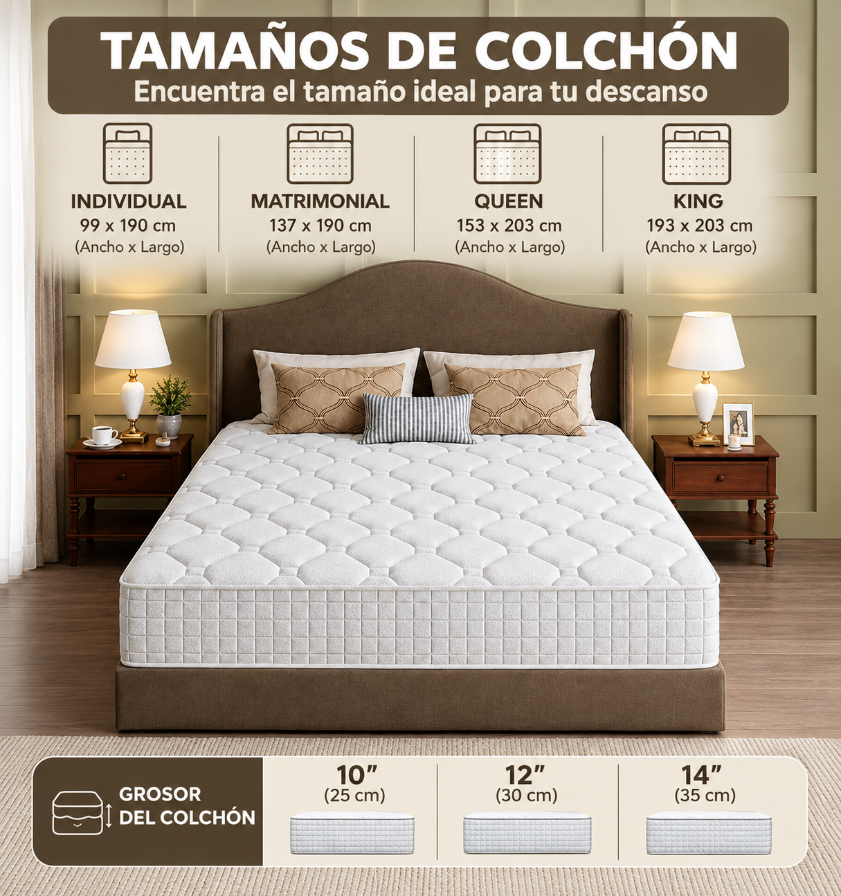 Colchón de diseño multicapa para un descanso confortable (disponible en tamaños; grosores de 10, 12 o 14 pulgadas). Cuenta con muelles ensacados individualmente para un soporte óptimo