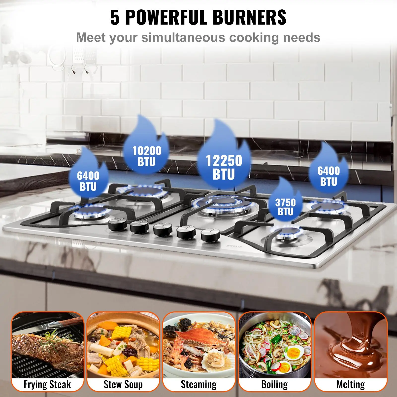 🔥 Placa de cocción de gas de 30 pulgadas con 5 quemadores integrados, con una potencia de hasta 12.250 BTU, compatible con gas natural y GLP.