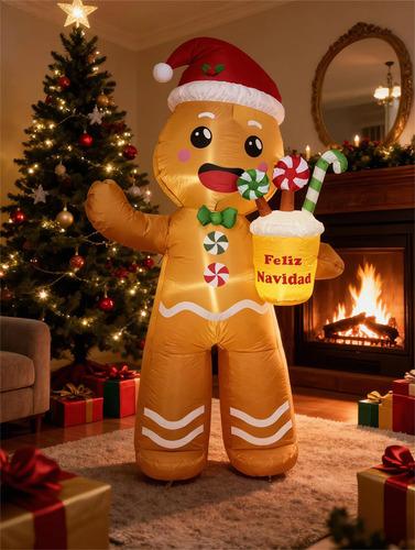 2.4m Inflable Navidad Hombre Jengibre Navideño Decoraciones— Incluye luces LED y ventilador integrados; apto para decoración de fiestas y uso en el jardín.