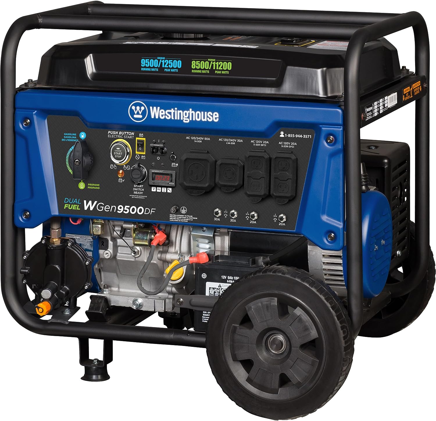 Generador portátil Westinghouse de 12500 W, combustible dual, arranque eléctrico remoto, interruptor de transferencia, alimentado por gas natural y propano