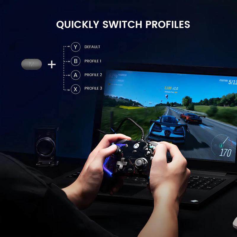 GameSir Kaleid Mando con Cable para Xbox One/PC con Hall-Control con cable para Xbox Series X/S, Xbox One, Windows 10/11 y Steam. Joysticks y gatillos Hall anti-drift, precisos y duraderos. Transparente con luz RGB.