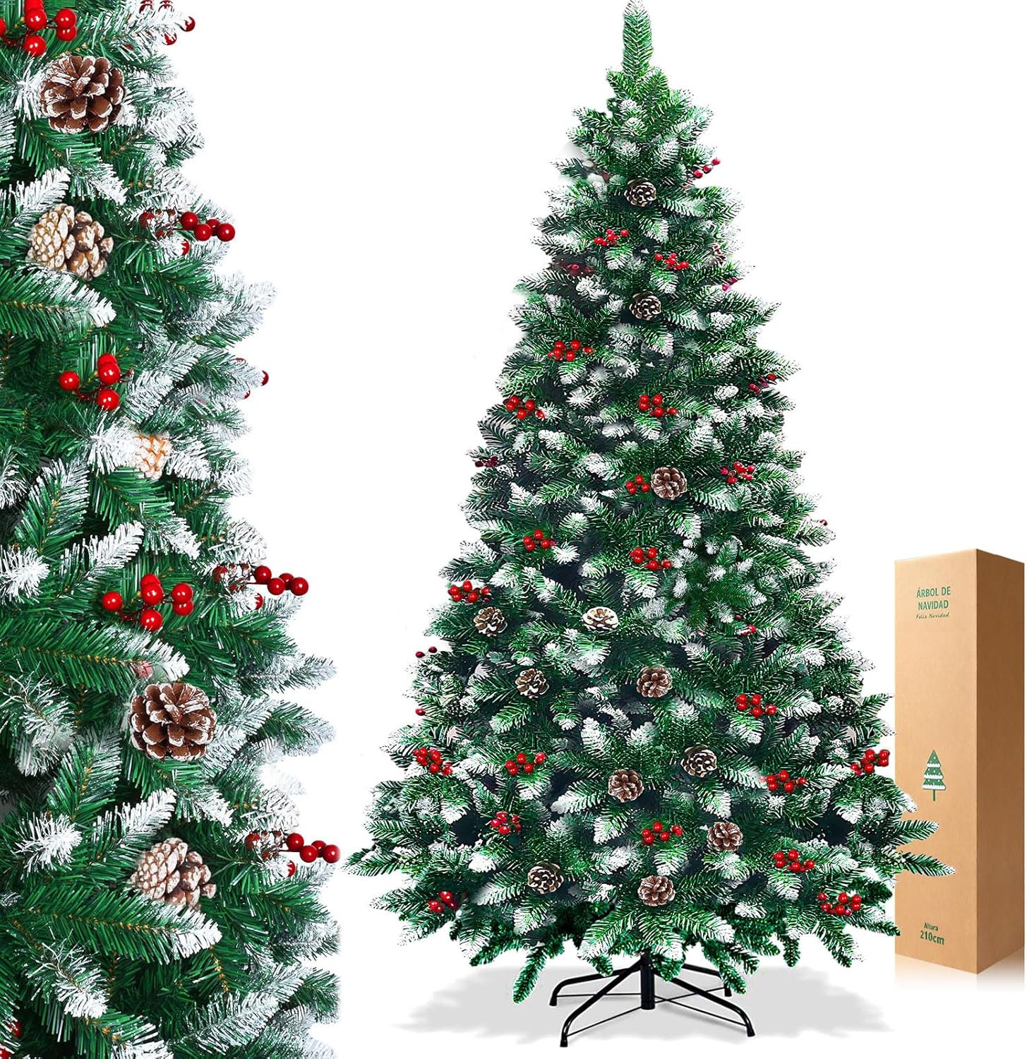 2.1M Árbol de Navidad Nevado, 1200 PVC Ramas, Árbol de Navidad Artificial con Bayas Rojas y Piñas, Soporte de Metal, Decoraciones Navideñas para Uso Interior y Exterior